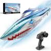 imageDEERC Full Proportional Remote Control Boat with LED Lights Shark Graffiti 20 MPH24GHz High Speed RC Racing Boats for LakesPool Toys for Kids ampamp Adults