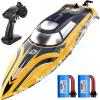 imageDEERC RC Boat with LED Light 30 Mins Self Righting Remote Control Boat for Pools ampamp Lakes 20 MPH 24GHz Racing Boats 2 Battery Pool Toys for Kids Radio Controlled WatercraftYellow