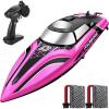 imageDEERC RC Boat with LED Light 30 Mins Self Righting Remote Control Boat for Pools ampamp Lakes 20 MPH 24GHz Racing Boats 2 Battery Pool Toys for Kids Radio Controlled WatercraftPink