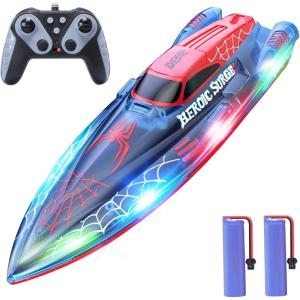imageDEERC 13 inch Remote Control Boat for Kids 24Ghz RC Spider Boat with LED Lights for Pools and Lakes Summer Water Toy Gift for Boys 812 2 Batteries