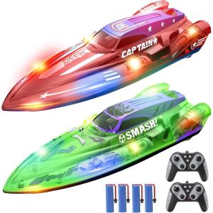 imageDEERC 2 Pack 13 inch Remote Control Boat for Kids 4 Batteries 24Ghz RC Racing Boat with LED Lights for Pools and Lakes Summer Water Toy Gift for Boys 812