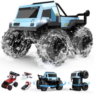 imageDEERC Amphibious Remote Control Car Monster Truck Toys Waterproof RC Stunt Cars for Boys 812 Toys WBlocks ampamp 360Spin 4WD AllTerrain OffRoad Pickup RC Truck 24Ghz 60 Min Playtime Pool Toy Gift