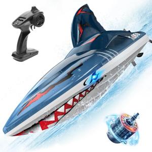 imageDEERC Fast Brushless RC Boat for Adults 30MPH 3S High Speed Remote Control Boat Selfrighting 24Ghz Speed Shark with LED Lights Summer Toy Gift for Kids