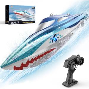 imageDEERC Full Proportional Remote Control Boat with LED Lights Shark Graffiti 20 MPH24GHz High Speed RC Racing Boats for LakesPool Toys for Kids ampamp Adults