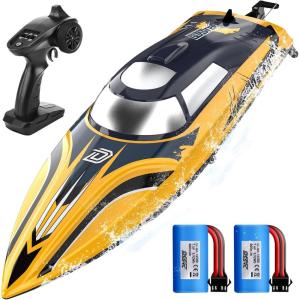 imageDEERC RC Boat with LED Light 30 Mins Self Righting Remote Control Boat for Pools ampamp Lakes 20 MPH 24GHz Racing Boats 2 Battery Pool Toys for Kids Radio Controlled WatercraftYellow