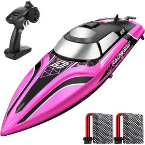 imageDEERC RC Boat with LED Light 30 Mins Self Righting Remote Control Boat for Pools ampamp Lakes 20 MPH 24GHz Racing Boats 2 Battery Pool Toys for Kids Radio Controlled WatercraftPink
