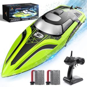 imageDEERC RC Boat with LED Light 30 Mins Self Righting Remote Control Boat for Pools ampamp Lakes 20 MPH 24GHz Racing Boats 2 Battery Pool Toys for Kids Radio Controlled WatercraftBrushed Green One