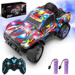 imageDEERC Remote Control Car for Boys ampamp Girls Ages 48 Spray RC Truck with Music ampamp Colorful LED Lights 24GHz AllTerrain Drift Vehicle 2 Rechargeable Batteries 40 Mins Playtime Birthday Toy for KidsRainbow