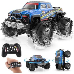 imageDEERC Remote Control Car for Boys ampamp Girls Ages 48 Spray RC Truck with Music ampamp Colorful LED Lights 24GHz AllTerrain Drift Vehicle 2 Rechargeable Batteries 40 Mins Playtime Birthday Toy for KidsBlue