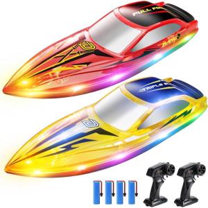 imageDEERC 2Pack RC Boats for Kids Fast Remote Control Boat with 41200mAh Batteries 120 Min Runtime 7 LED Lights Mode Capsize Recovery 24GHz Racing Pool amp Lake Toy