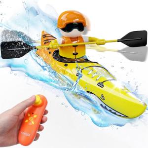 imageDEERC RC Kayak Boat for Kids24 Ghz Remote Control Shark Boat Toys WLED Light for PoolsLakeBathtub Never Capsize Summer Outdoor Water Toys Gift for Boys Girls