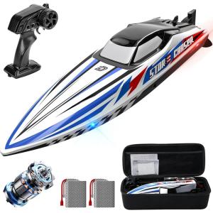 imageDEERC 16 Brushless RC Boat for Adults Hobby Grade 35 KPH Remote Control Racing Boat with 3S Power SelfRighting Metal Drive Shaft 2  2000mAh Batteries and Carrying Case for Lakes and Pools