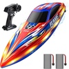 image:imageDEERC High Speed RC Boat for Kids 25KPH Remote Control Boat with LED Lights Capsize Recovery2x1300mAh Batteries 30 Min 50 PadPrinted Details 24GHz Racing Boat for Pool amp Lake HJ826