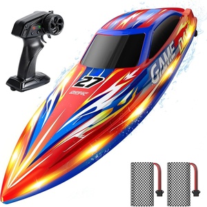 image:imageDEERC High Speed RC Boat for Kids 25KPH Remote Control Boat with LED Lights Capsize Recovery2x1300mAh Batteries 30 Min 50 PadPrinted Details 24GHz Racing Boat for Pool amp Lake HJ826